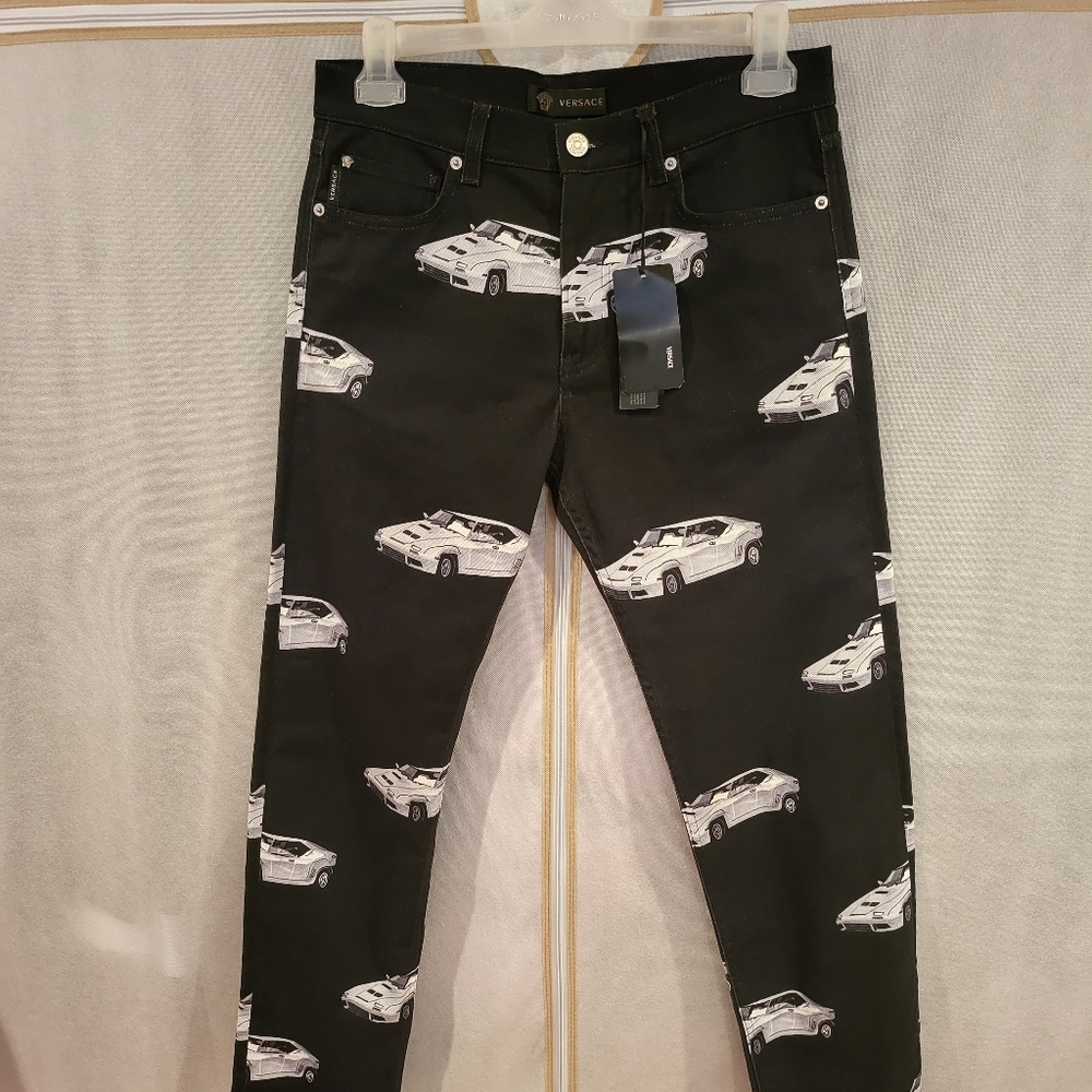 VERSACE 18CM Car Print Cotton-Blend Jeans